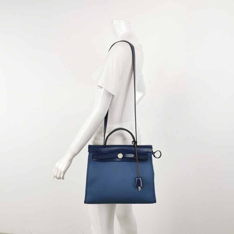Hermes Herbag31單肩包Hunter牛皮帆布銀扣 73寶石藍7E明藍色C刻-1