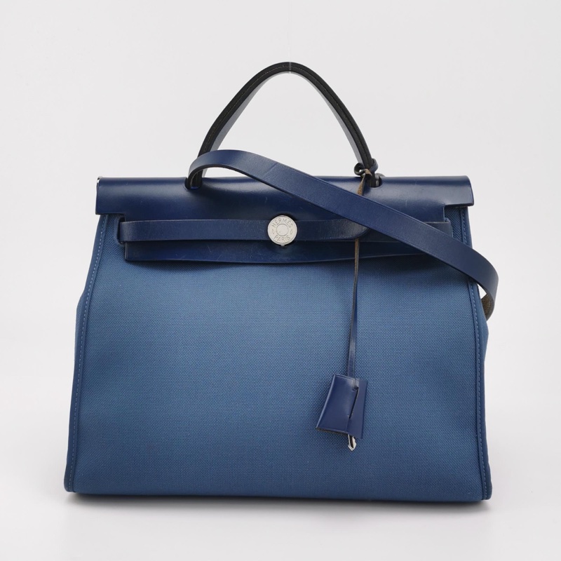 Hermes Herbag31單肩包Hunter牛皮帆布銀扣 73寶石藍7E明藍色C刻-2
