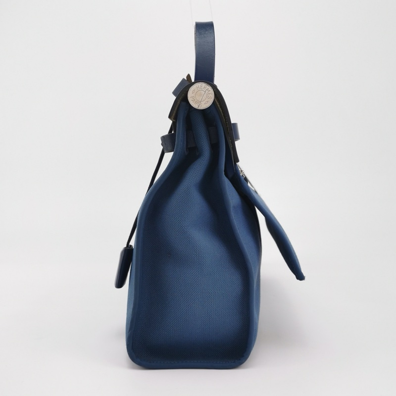Hermes Herbag31單肩包Hunter牛皮帆布銀扣 73寶石藍7E明藍色C刻-3