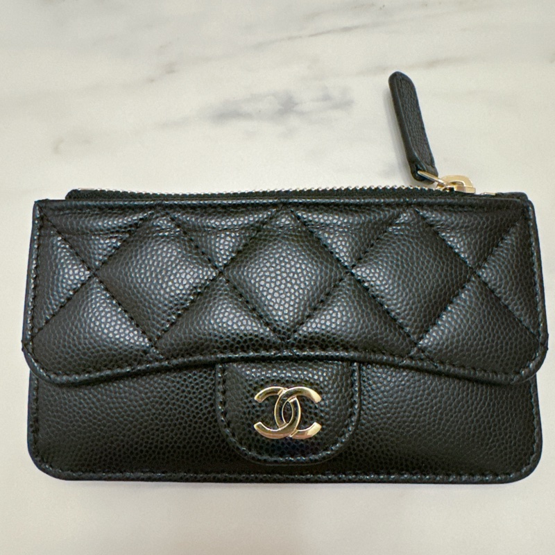 CHANEL 薄款拉鍊卡夾 卡片零錢包 黑色荔枝牛皮-0