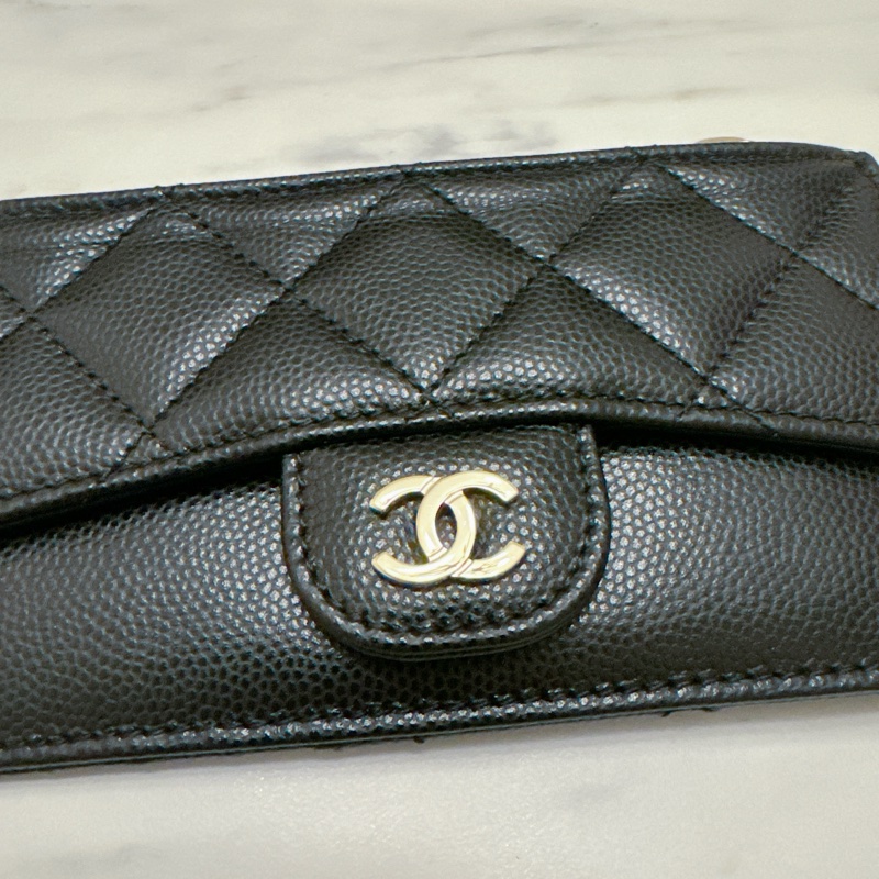 CHANEL 薄款拉鍊卡夾 卡片零錢包 黑色荔枝牛皮-1