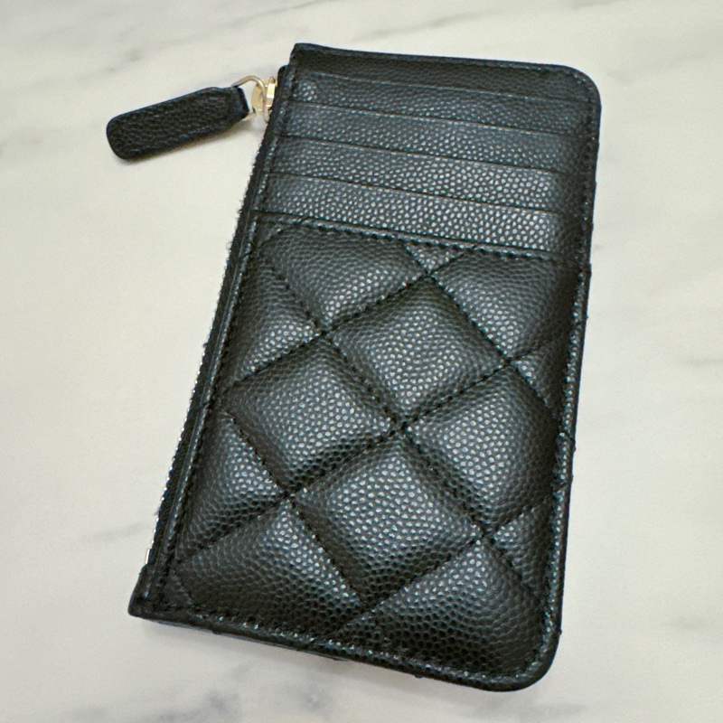 CHANEL 薄款拉鍊卡夾 卡片零錢包 黑色荔枝牛皮-3