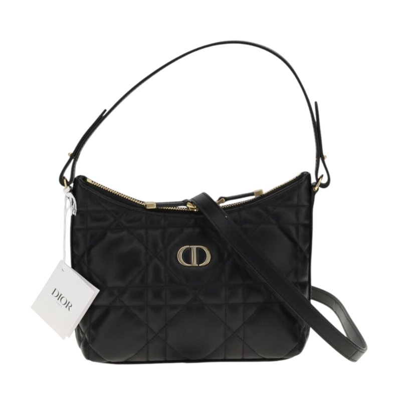 【Dior 迪奧】Miss Caro Diorling 大籐格紋羊皮 雙背帶 鏈帶迷你包 肩背包 斜背包 黑色 S5253UHAG_900-0