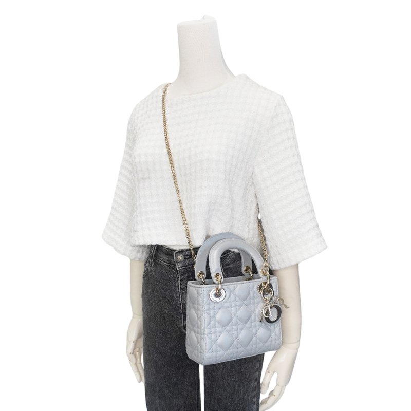 Diro 展示品 Lady Dior 籐格紋牛皮兩用黛妃包-Mini(灰)-5