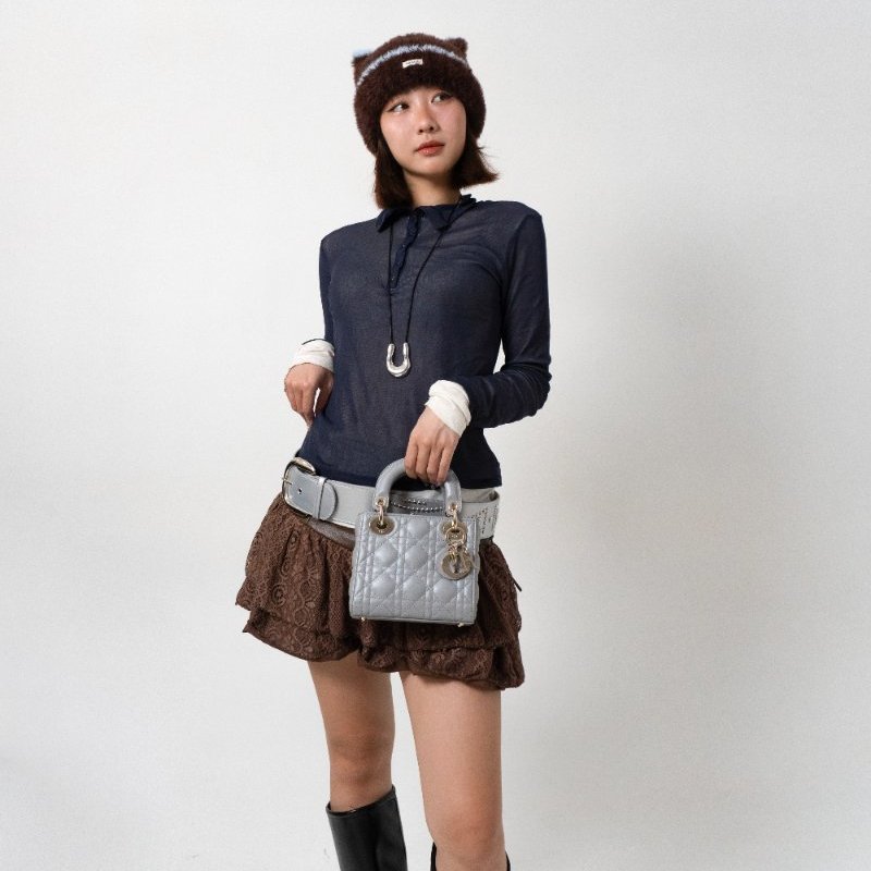 Diro 展示品 Lady Dior 籐格紋牛皮兩用黛妃包-Mini(灰)-0