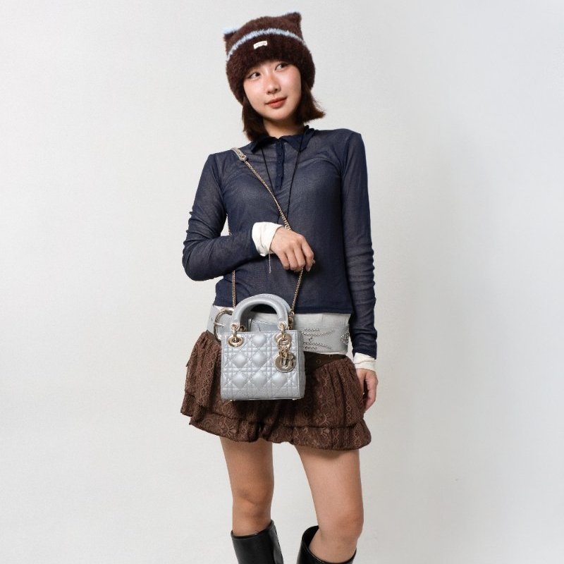 Diro 展示品 Lady Dior 籐格紋牛皮兩用黛妃包-Mini(灰)-1