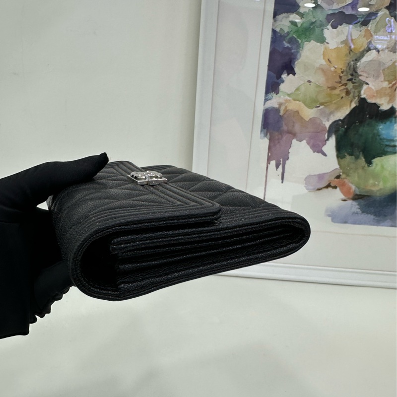 Chanel 香奈兒黑銀荔枝皮中長卡包皮夾 28開-3