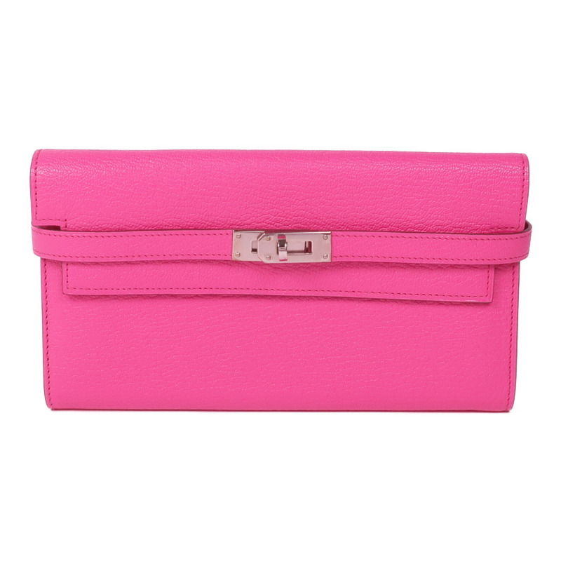 HERMES Chevre皮革Kelly To Go Wallet銀扣長錢包Rose Mexico-0