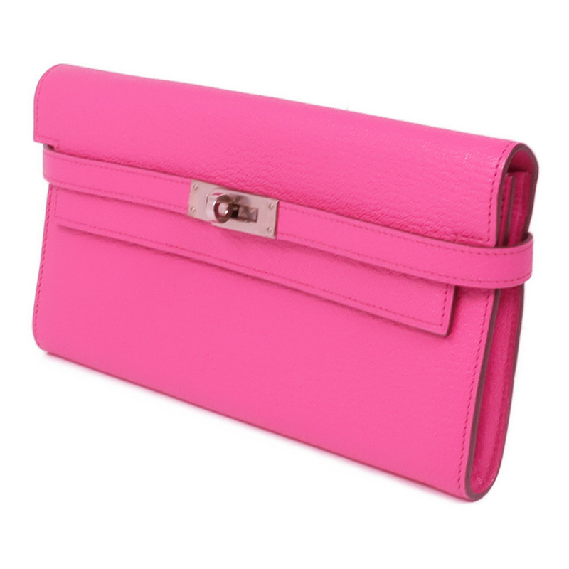 HERMES Chevre皮革Kelly To Go Wallet銀扣長錢包Rose Mexico-2