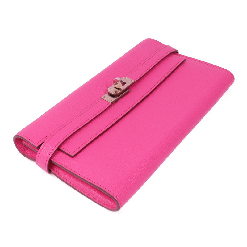 HERMES Chevre皮革Kelly To Go Wallet銀扣長錢包Rose Mexico-4