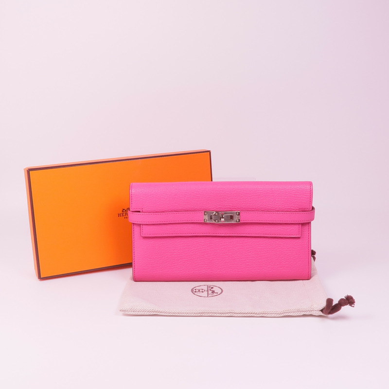 HERMES Chevre皮革Kelly To Go Wallet銀扣長錢包Rose Mexico-15