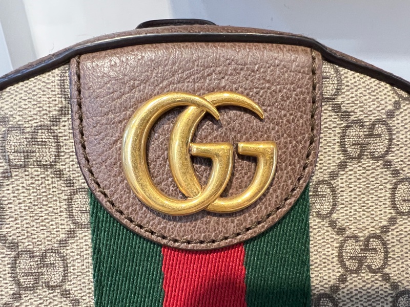 Gucci pvc咖皮邊OphidiaGG霧金釦前口袋後背包-12
