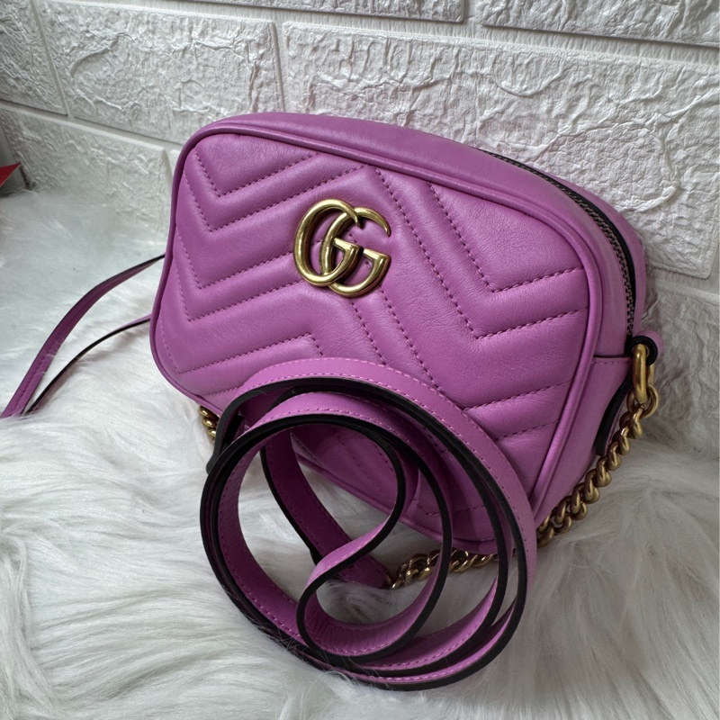 GUCCI 紫粉色 皮革 馬夢包 MARMONT 相機包-9