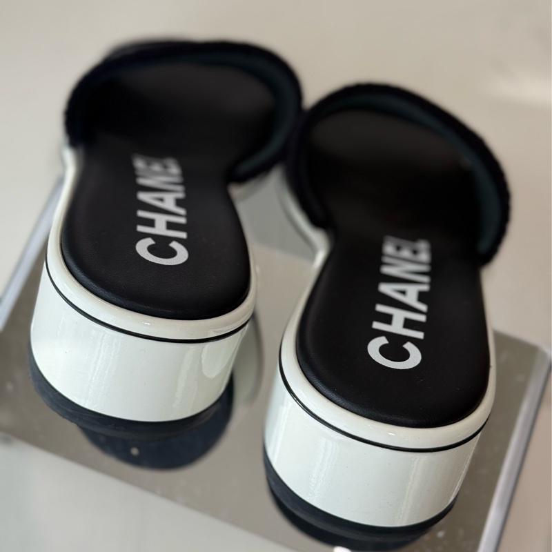 CHANEL 黑底白字字母跟鞋拖鞋 38號 有貼底-8