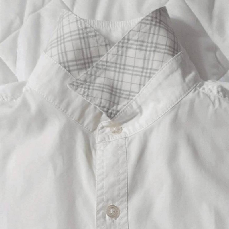 絕版BURBERRY 博柏利 BLUE LABEL 藍標 大戰馬 男白色經典格紋袖領修身短袖襯衫LL-2