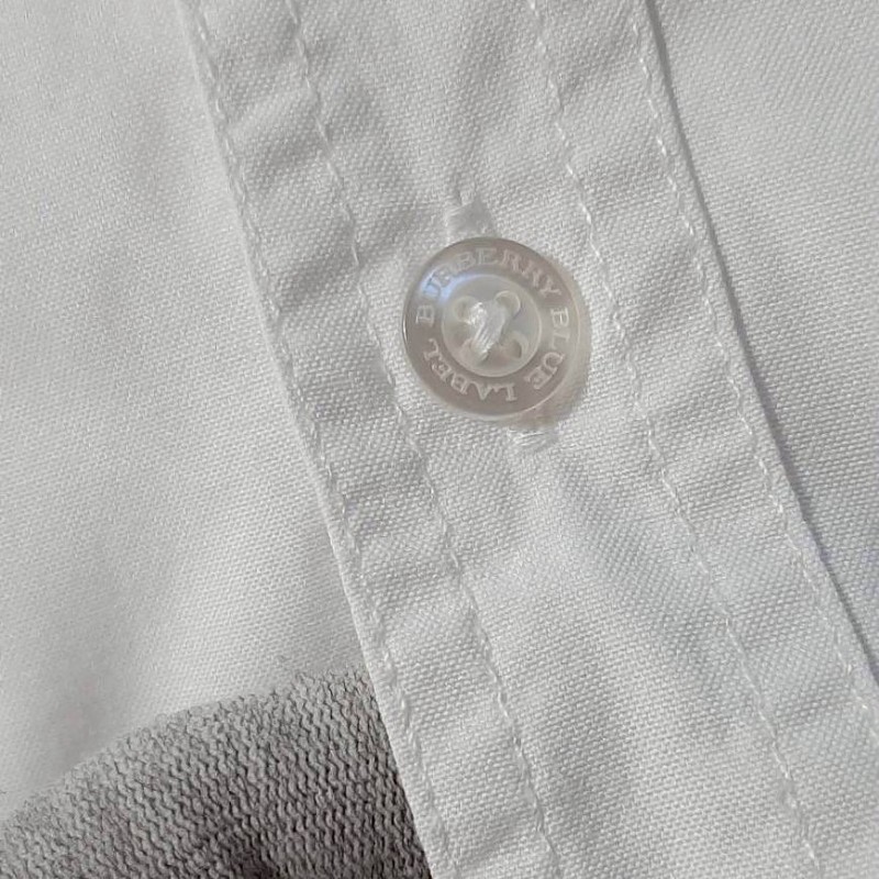 絕版BURBERRY 博柏利 BLUE LABEL 藍標 大戰馬 男白色經典格紋袖領修身短袖襯衫LL-6