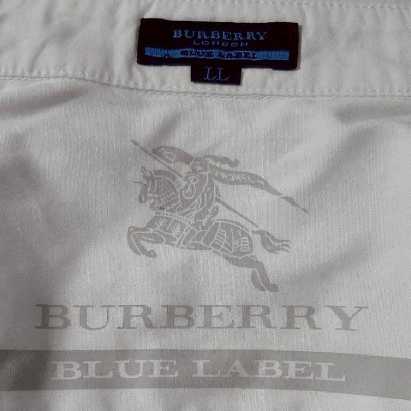 絕版BURBERRY 博柏利 BLUE LABEL 藍標 大戰馬 男白色經典格紋袖領修身短袖襯衫LL-7