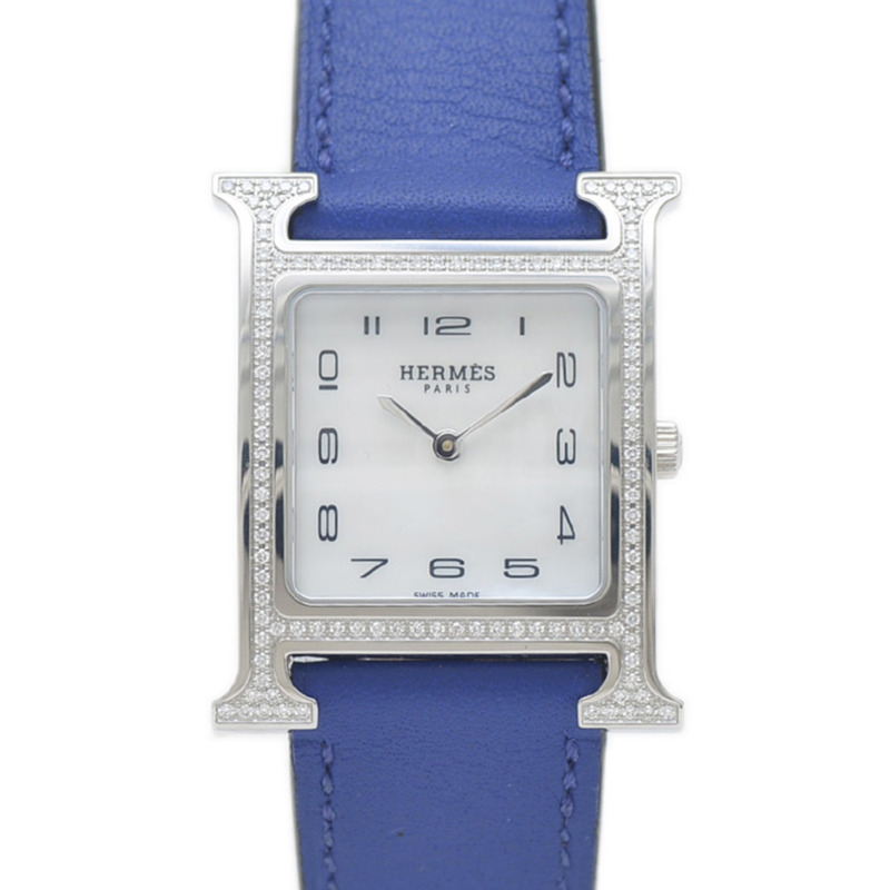Hermès H Watch PM 女士貝殼錶盤搭配不鏽鋼鑽石和皮革錶帶,石英機芯,HH1.531-0