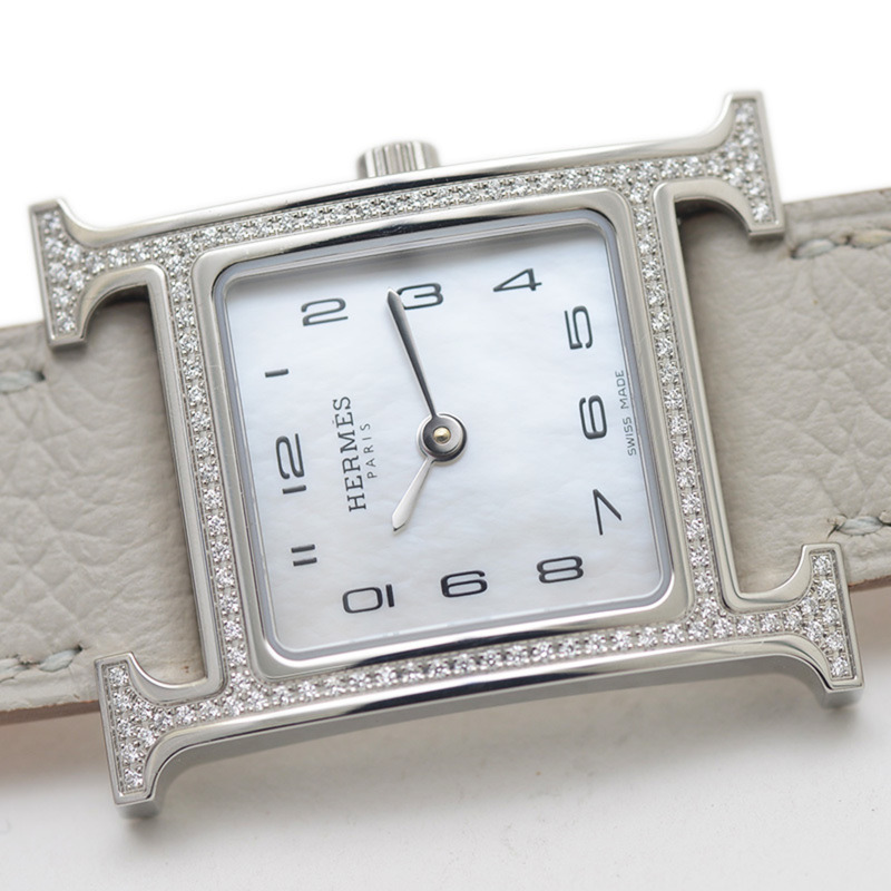 愛馬仕 H 迷你腕錶 女款 貝殼錶盤 不鏽鋼 鑽石 石英機芯 HH1.235-1