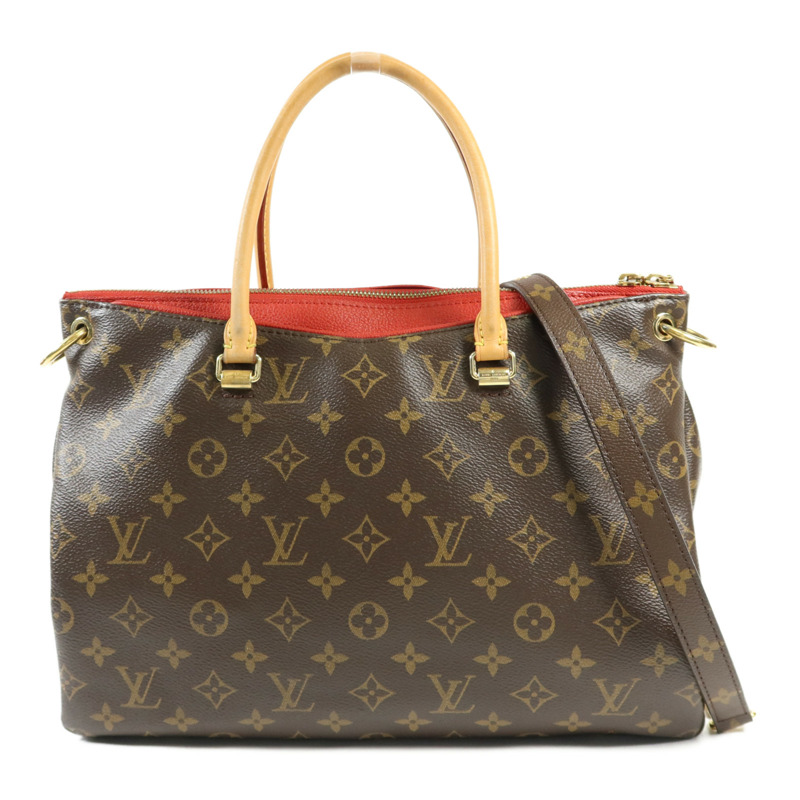 LOUIS VUITTON Monogram Pallas金扣手挽肩背兩用袋棕色/紅色-0