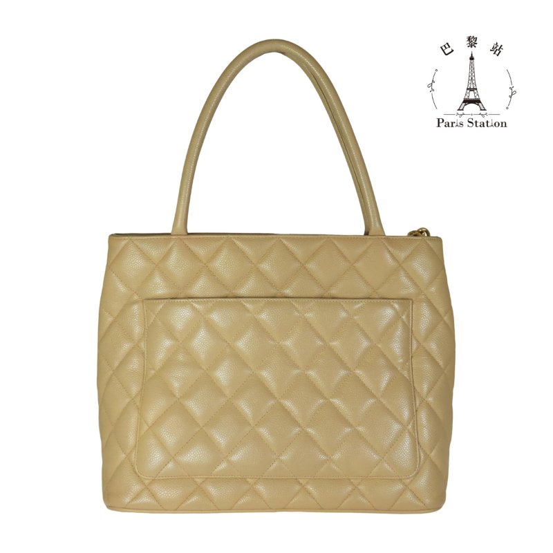 【巴黎站二手名牌專賣店】＊現貨＊CHANEL香奈兒真品＊奶茶色菱格荔枝紋大雙C LOGO金幣手提肩背包-1