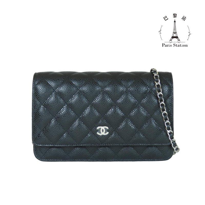 【巴黎站二手名牌專賣店】＊現貨＊CHANEL 香奈兒 真品＊黑色菱格荔枝紋牛皮銀色雙C鏈包 WOC斜背包-0