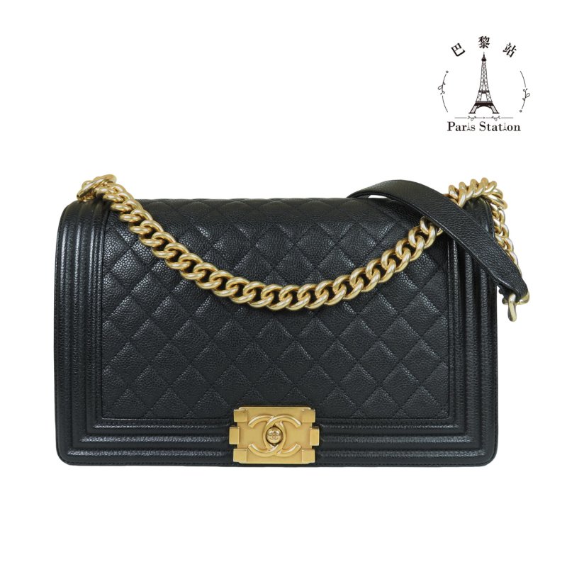 【巴黎站二手名牌專賣店】*現貨*CHANEL 香奈兒 真品*黑色菱格牛皮金釦BOY 28 金鍊肩背斜背包-0