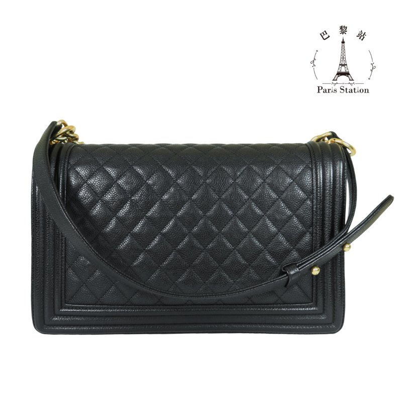 【巴黎站二手名牌專賣店】*現貨*CHANEL 香奈兒 真品*黑色菱格牛皮金釦BOY 28 金鍊肩背斜背包-1