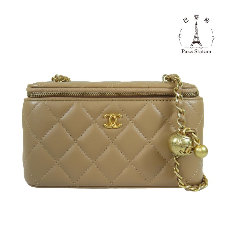 【巴黎站二手名牌專賣店】＊現貨＊CHANEL香奈兒真品＊焦糖米色菱格紋羊皮金球調節釦化妝盒包 斜背肩背包-0