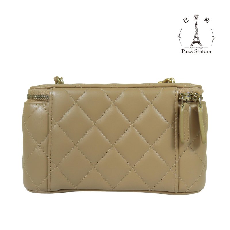 【巴黎站二手名牌專賣店】＊現貨＊CHANEL香奈兒真品＊焦糖米色菱格紋羊皮金球調節釦化妝盒包 斜背肩背包-1