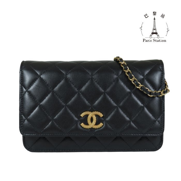【巴黎站二手名牌專賣店】*現貨*CHANEL 香奈兒 真品*AP3405黑色菱格紋羊皮金色復古浮雕限定雙C鏈包 WOC斜背包-0