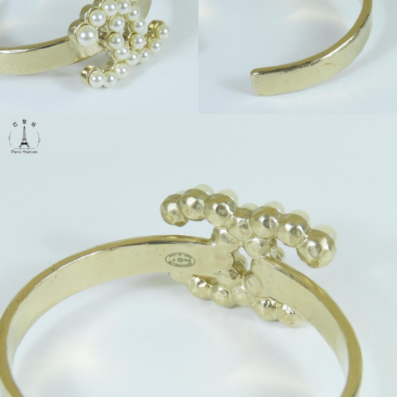 【巴黎站二手名牌專賣店】＊現貨＊CHANEL 香奈兒 真品＊珍珠雙C復古淡金屬開口手環 手鐲-3