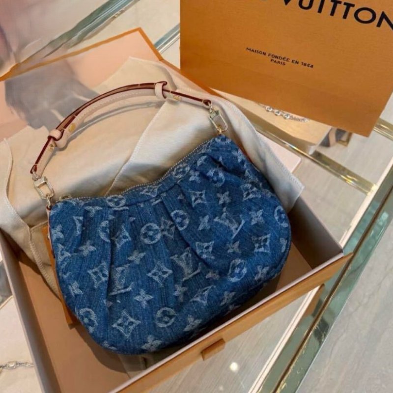 全新~ LV路易威登LOUIS VUITTON Monogram Pochette Valley Logo滿印棉質丹寧布牛仔藍手提單肩/ 肩背包-6