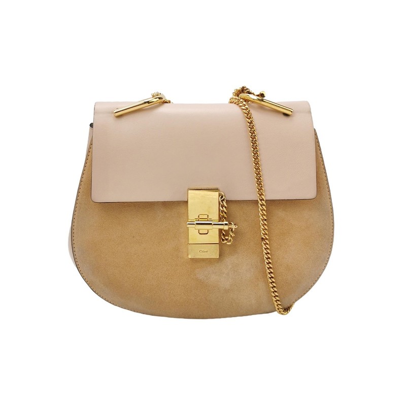 Chloe Drew小豬包牛皮翻毛皮拼色珠寶鎖斜挎包-0