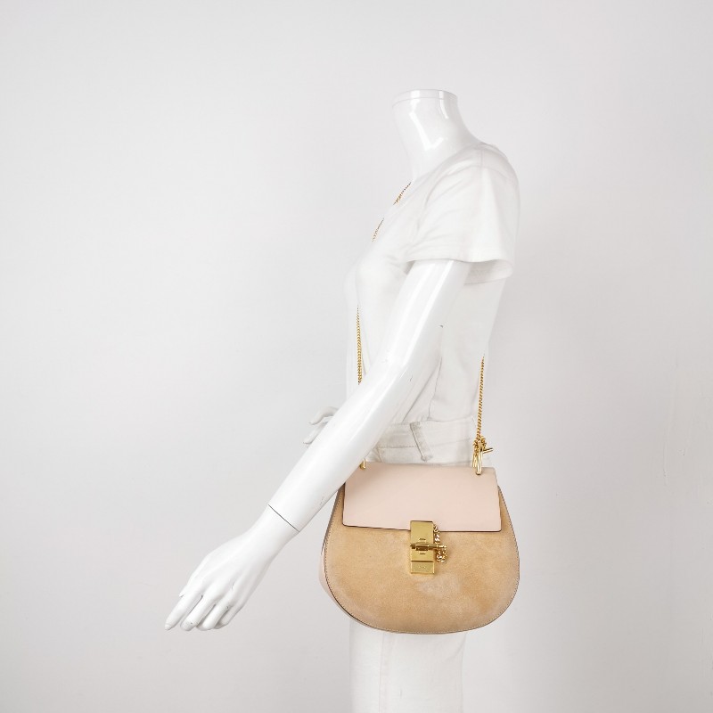 Chloe Drew小豬包牛皮翻毛皮拼色珠寶鎖斜挎包-1