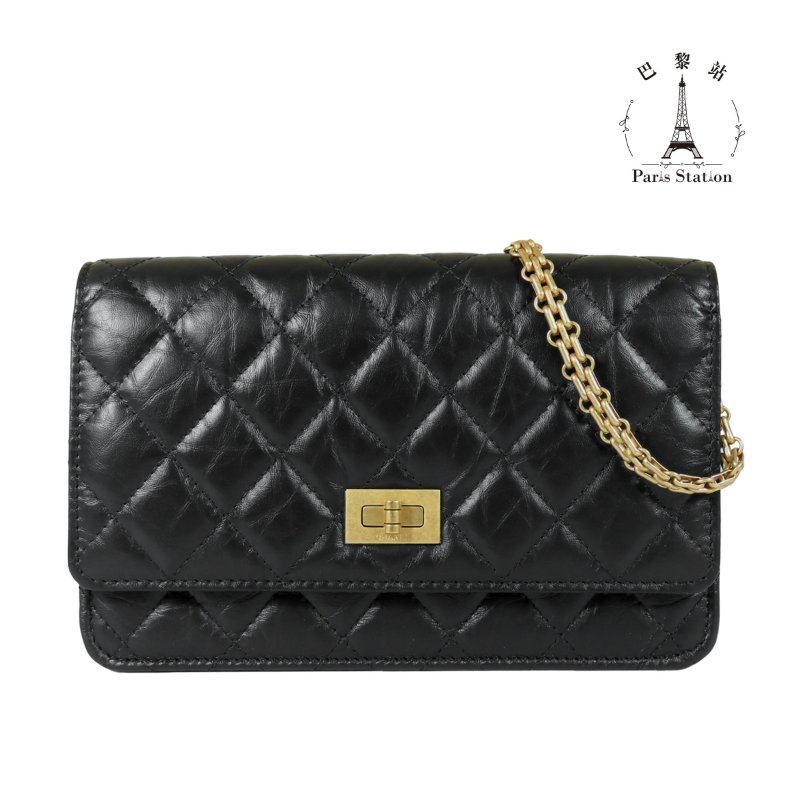 【巴黎站二手名牌專賣店】＊現貨＊CHANEL 香奈兒 真品＊經典復刻黑色小牛皮菱格紋金釦2.55 WOC金鏈斜背包-0
