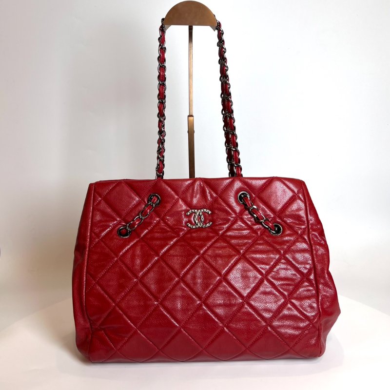 CHANEL 荔枝皮鍊條托特包紅14開-0