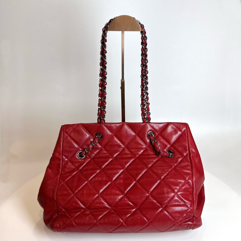CHANEL 荔枝皮鍊條托特包紅14開-1