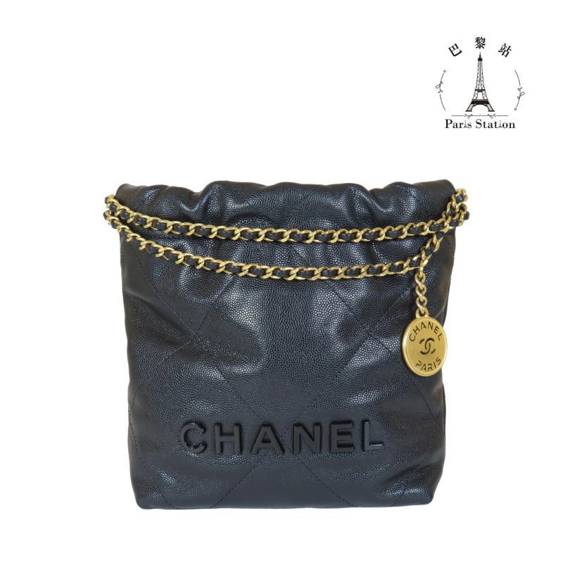 【巴黎站二手名牌專賣店】＊現貨＊CHANEL香奈兒真品＊AS3980黑荔枝牛皮黑LOGO金鍊MINI 22BAG金鏈兩用斜背包-0