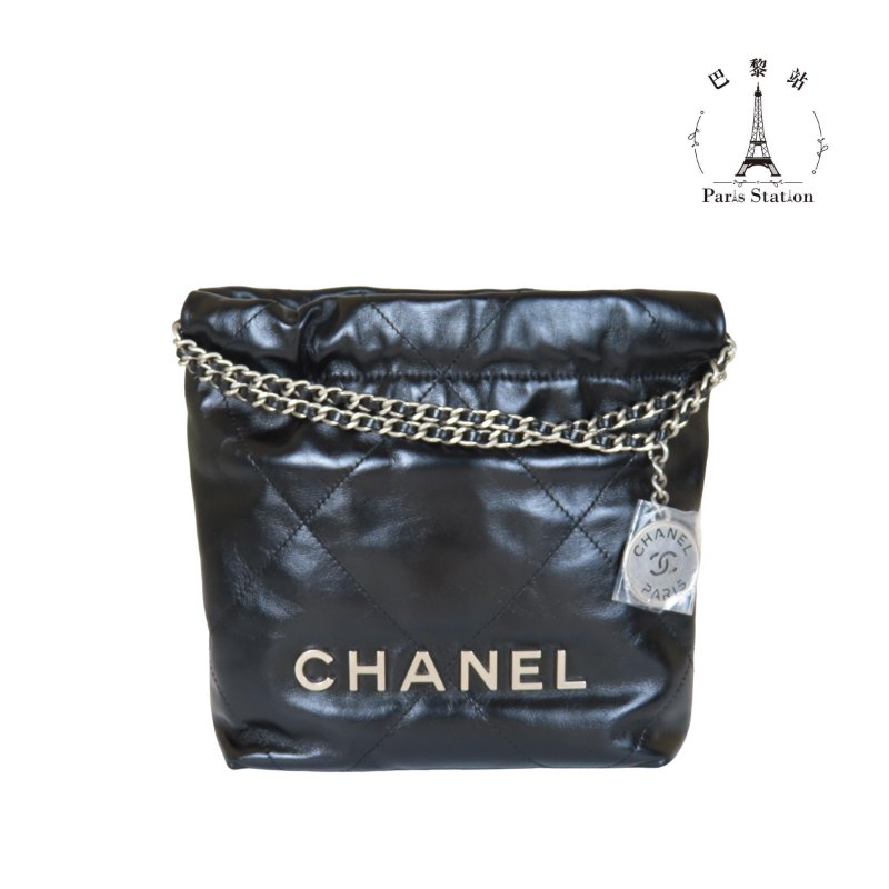 【巴黎站二手名牌專賣店】＊全新現貨＊CHANEL香奈兒真品＊AS3980黑亮牛皮銀LOGO MINI 22BAG金鏈兩用斜背包-0