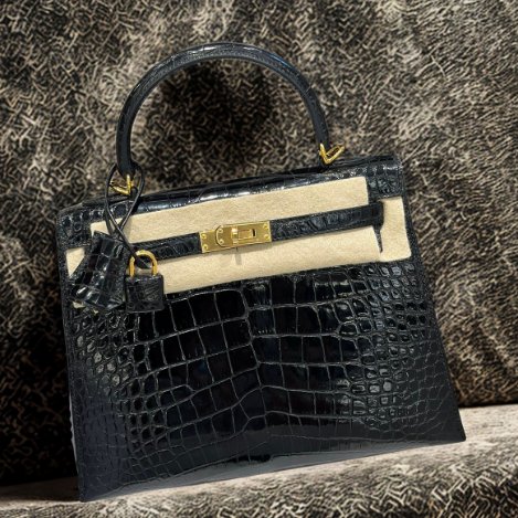 【精選天菜】HERMES 25CM KELLY 黑金 亮面鱷魚-0