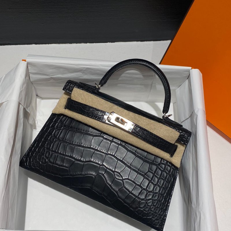 【精選天菜】HERMES 鱷魚皮 霧面 銀扣  黑銀 MINI KELLY 二代-1