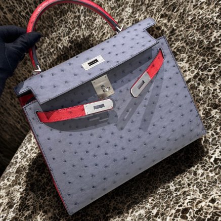 【精選天菜】Kelly28 瑪瑙灰拼紅色鴕鳥 磨砂銀扣 馬蹄刻印-0