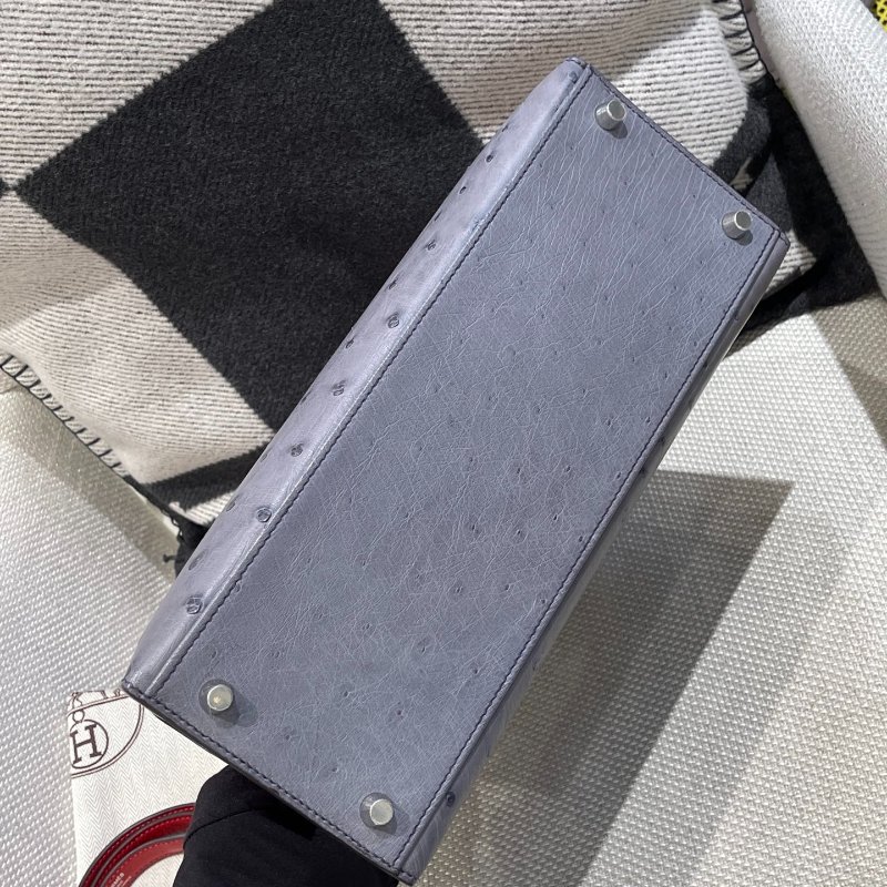 【精選天菜】Kelly28 瑪瑙灰拼紅色鴕鳥 磨砂銀扣 馬蹄刻印-2