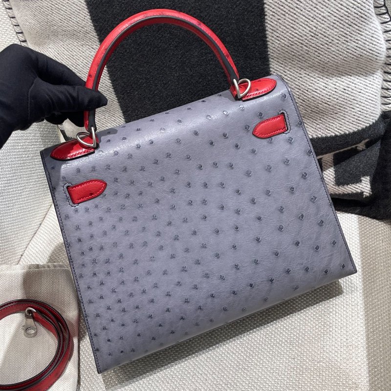 【精選天菜】Kelly28 瑪瑙灰拼紅色鴕鳥 磨砂銀扣 馬蹄刻印-3