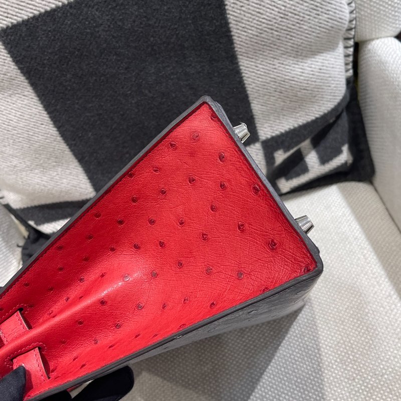 【精選天菜】Kelly28 瑪瑙灰拼紅色鴕鳥 磨砂銀扣 馬蹄刻印-4