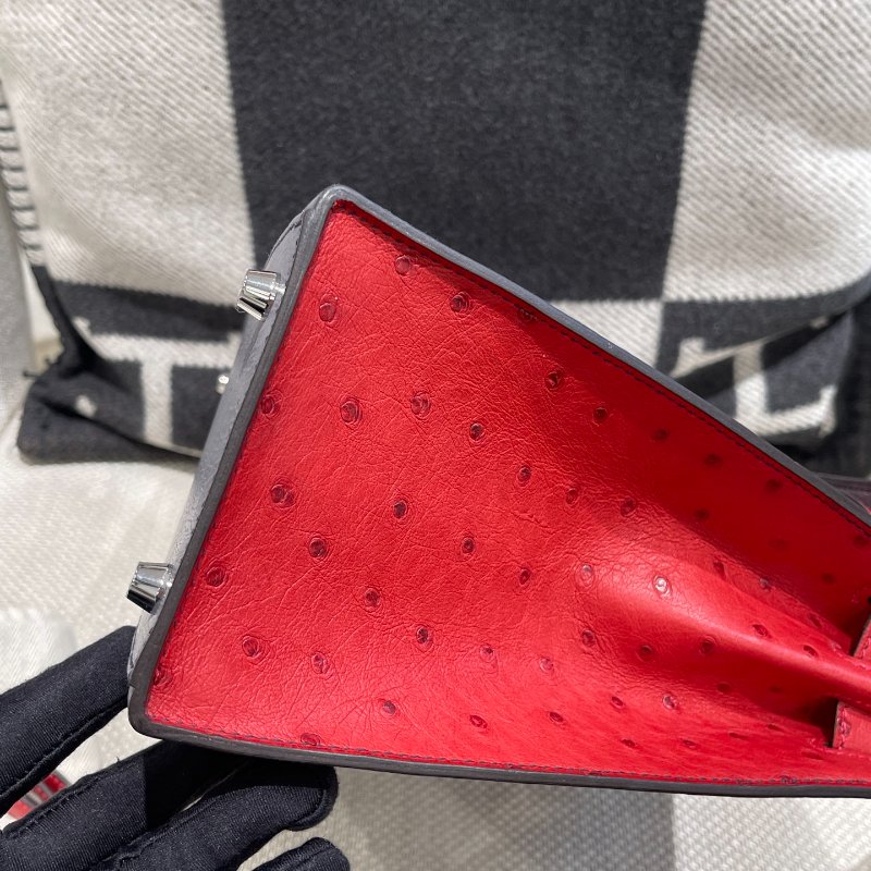 【精選天菜】Kelly28 瑪瑙灰拼紅色鴕鳥 磨砂銀扣 馬蹄刻印-5