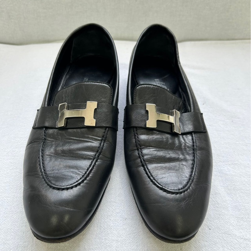 Hermes/愛馬仕黑色樂福鞋，37碼，經典H銀扣設計-10
