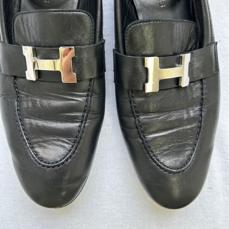 Hermes/愛馬仕黑色樂福鞋，37碼，經典H銀扣設計-15