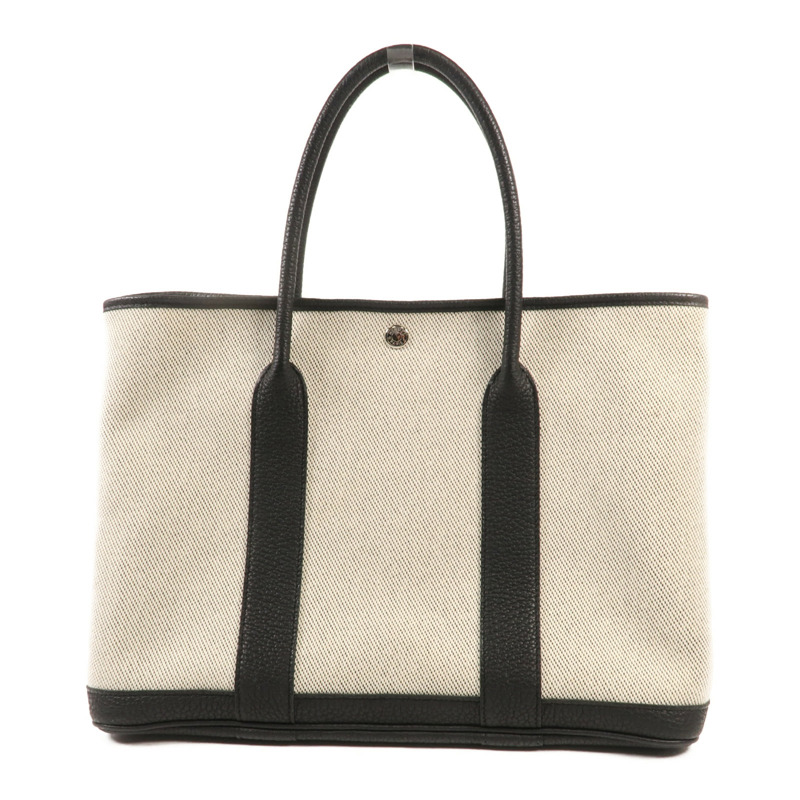 HERMES 帆布Garden Party PM銀扣手挽袋Black/White-0